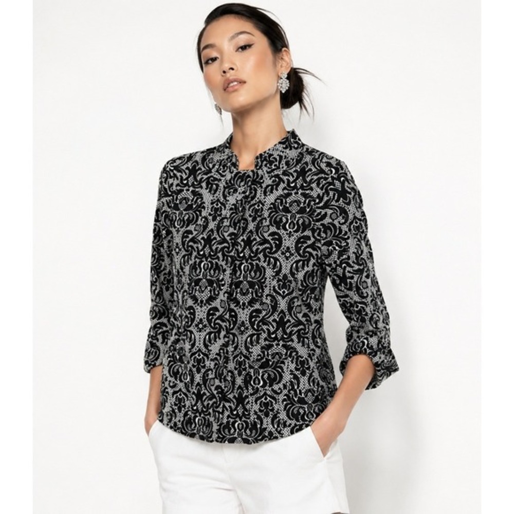 Talbots Womens Damask Print Cotton Stretch Jacket Black‎ White Size 10 NEW
